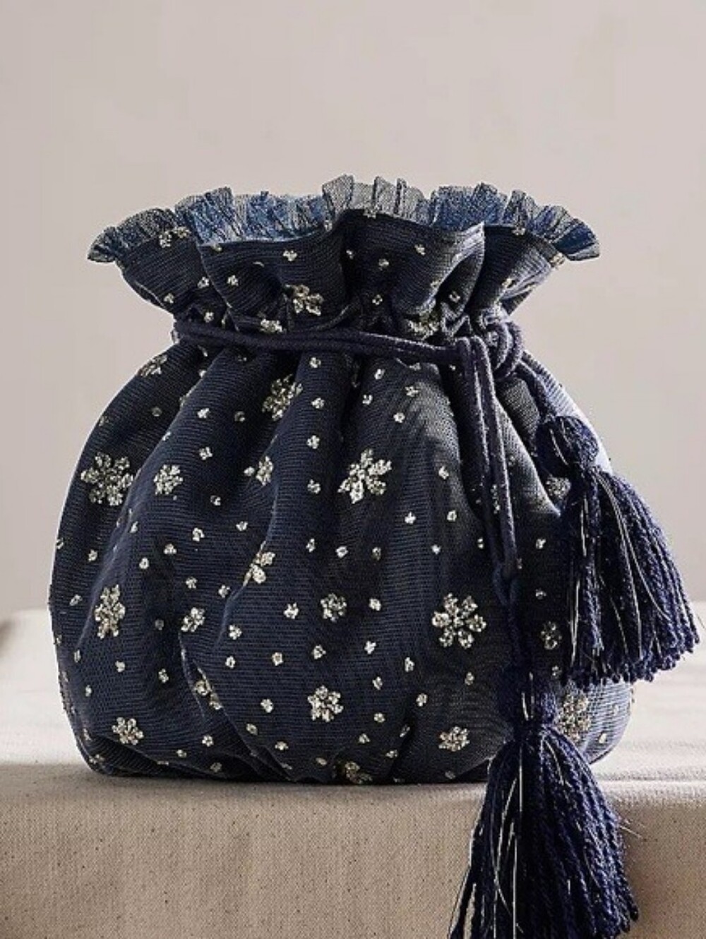Free People Navy Embellished Drawstring Gift Bag